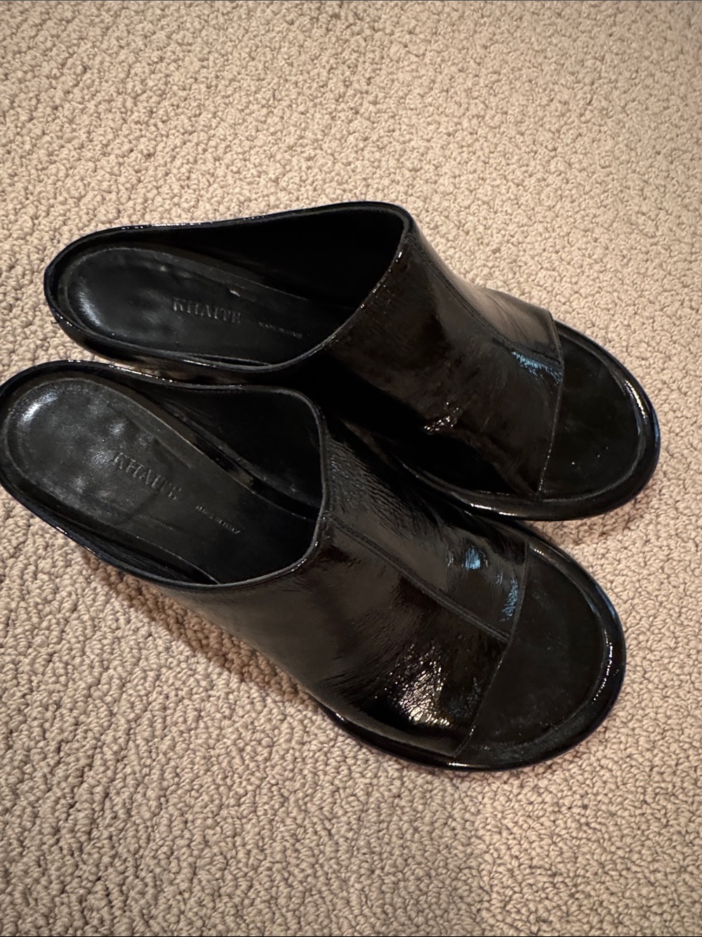 KHAITE Black Patent Slide Mules